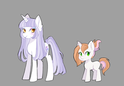 Size: 1150x800 | Tagged: safe, artist:merdiia, imported from derpibooru, oc, oc only, pony, unicorn, bio in description, duo, female, filly, foal, gray background, horn, mare, offspring, parent:button mash, parent:rarity, parent:sweetie belle, parents:canon x oc, parents:sweetiemash, simple background, smiling, unicorn oc