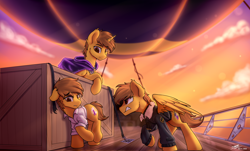 Size: 4090x2465 | Tagged: safe, artist:av-4, imported from derpibooru, oc, oc only, oc:shadow scroll, oc:sky scroll, oc:star scroll, alicorn, pegasus, unicorn, airship