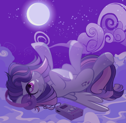 Size: 2700x2632 | Tagged: safe, artist:merdiia, imported from derpibooru, oc, oc only, hybrid, pegasus, pony, base used, falling, female, full moon, high res, interspecies offspring, looking up, mare, moon, music player, night, offspring, parent:mordecai, parent:twilight sparkle, parents:mordetwi, pegasus oc, smiling, solo, stars