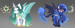 Size: 2350x880 | Tagged: safe, artist:merdiia, imported from derpibooru, oc, oc only, alicorn, bat pony, bat pony alicorn, changepony, pony, alicorn oc, bat wings, duo, female, gradient background, horn, magical lesbian spawn, mare, offspring, parent:princess celestia, parent:princess luna, parent:queen chrysalis, parent:rain shine, parents:chryslestia, wings