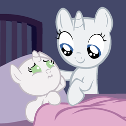 Size: 1024x1024 | Tagged: safe, artist:awoomarblesoda, imported from derpibooru, oc, oc only, pony, unicorn, baby, baby pony, bald, base, bed, blanket, duo, eyelashes, female, filly, foal, horn, indoors, pillow, smiling, unicorn oc