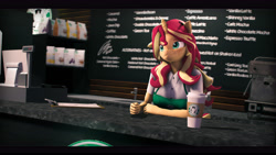 Size: 9600x5400 | Tagged: safe, artist:imafutureguitarhero, imported from derpibooru, sunset shimmer, anthro, unicorn, 3d, absurd resolution, apron, arm fluff, arm freckles, bag, barista, black bars, cafe, cash register, chalkboard, cheek fluff, chromatic aberration, clipboard, clothes, coffee, coffee cup, coffee machine, coffee shop, colored eyebrows, colored eyelashes, cup, cute, ear fluff, ear freckles, female, film grain, fluffy, freckles, fur, horn, iced latte with breast milk, iphone, logo parody, long hair, long mane, mare, meme, multicolored hair, multicolored mane, pen, pen behind ear, peppered bacon, phone, raised eyebrow, revamped anthros, revamped ponies, shimmerbetes, signature, smiling, solo, source filmmaker, starbucks, tap, wall of tags