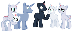 Size: 2640x1196 | Tagged: safe, artist:awoomarblesoda, imported from derpibooru, oc, oc only, alicorn, pony, alicorn oc, baby, baby pony, bald, base, eyelashes, female, filly, foal, group, holding a pony, horn, male, mare, raised hoof, simple background, smiling, stallion, white background, wings