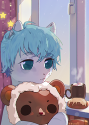 Size: 1000x1400 | Tagged: safe, artist:qawakie, imported from derpibooru, oc, oc only, earth pony, pony, bust, chocolate, earth pony oc, food, frown, hot chocolate, indoors, mug, plushie, solo, teddy bear