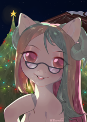 Size: 1000x1400 | Tagged: safe, artist:qawakie, imported from derpibooru, oc, oc only, pony, bust, christmas, christmas tree, colored hooves, commission, eye clipping through hair, glasses, holiday, looking at you, outdoors, smiling, solo, tree