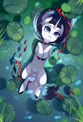 Size: 1300x1900 | Tagged: safe, alternate version, artist:nazori, imported from derpibooru, oc, oc only, fish, pony, unicorn, alternate character, cattails, colored hooves, commission, featureless crotch, horn, lilypad, lying down, on back, outdoors, pond, reeds, solo, unicorn oc, water, ych result