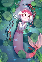 Size: 1300x1900 | Tagged: safe, alternate version, artist:nazori, imported from derpibooru, oc, oc only, fish, merpony, pony, alternate character, cattails, commission, featureless crotch, lilypad, lying down, on back, outdoors, pond, reeds, solo, water, ych result