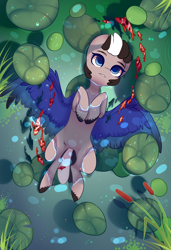 Size: 1300x1900 | Tagged: safe, alternate version, artist:nazori, imported from derpibooru, oc, oc only, fish, pegasus, pony, alternate character, cattails, commission, featureless crotch, lilypad, lying down, on back, outdoors, pegasus oc, pond, reeds, solo, spread wings, unshorn fetlocks, water, wings, ych result
