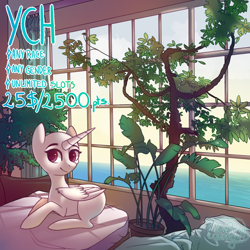 Size: 1000x1000 | Tagged: safe, artist:nazori, imported from derpibooru, oc, oc only, alicorn, pony, alicorn oc, bald, commission, female, horn, indoors, lying down, mare, prone, smiling, solo, tree, wings, your character here