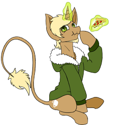 Size: 1100x1200 | Tagged: safe, artist:radioactive nero, derpibooru exclusive, imported from derpibooru, oc, oc:tea break, pony, unicorn, derpibooru community collaboration, 2022 community collab, clothes, eating, food, glowing, glowing horn, horn, jacket, leonine tail, levitation, magic, male, meat, pepperoni, pepperoni pizza, pizza, simple background, sitting, solo, tail, telekinesis, transparent background