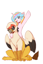 Size: 1353x1995 | Tagged: safe, artist:oofycolorful, artist:vistamage, imported from derpibooru, oc, oc only, oc:oofy colorful, oc:vistamage, griffon, unicorn, derpibooru community collaboration, 2022 community collab, couple, female, male, mare, oc x oc, oofymage, shipping, simple background, straight, transparent background