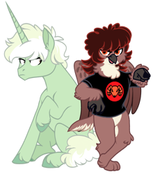 Size: 1790x2031 | Tagged: safe, artist:pigeorgien, imported from derpibooru, oc, oc:marseille mangalya-martina, oc:trefoil clover, griffon, pony, unicorn, derpibooru community collaboration, 2022 community collab, clothes, female, mare, pointing at you, raised hoof, shirt, simple background, sitting, t-shirt, transparent background