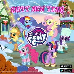 Size: 1080x1080 | Tagged: safe, imported from derpibooru, applejack, fluttershy, pinkie pie, rainbow dash, rarity, twilight sparkle, alicorn, earth pony, pegasus, pony, unicorn, advertisement, clothes, female, gameloft, happy new year, hat, holiday, mane six, mare, my little pony logo, official, scarf, twilight sparkle (alicorn), winter outfit