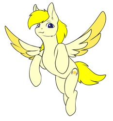 Size: 1654x1778 | Tagged: safe, artist:zeroonesunray, imported from derpibooru, oc, oc only, oc:ohzuya, pegasus, pony, derpibooru, derpibooru community collaboration, 2022 community collab, blue eyes, ear fluff, eyebrows, flying, full body, looking at you, male, meta, pegasus oc, posing for photo, simple background, smiling, smiling at you, solo, spread wings, stallion, tail, trace, transparent background, wings, yellow mane, yellow tail