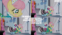 Size: 1280x720 | Tagged: safe, edit, edited screencap, editor:quoterific, imported from derpibooru, screencap, fluttershy, photo finish, earth pony, pegasus, pony, green isn't your color, season 1, clothes, dress, duo, female, mare, open mouth