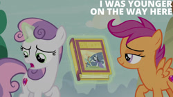 Size: 1280x720 | Tagged: safe, edit, edited screencap, editor:quoterific, imported from derpibooru, screencap, scootaloo, sweetie belle, pegasus, pony, unicorn, hard to say anything, season 7, book, female, filly, foal, magic, open mouth, smiling, spread wings, telekinesis, wings