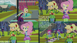 Size: 1280x720 | Tagged: safe, edit, edited screencap, editor:quoterific, imported from derpibooru, screencap, applejack, fluttershy, lemon zest, pinkie pie, rarity, sour sweet, equestria girls, friendship games, angry, canterlot high, eyes closed, female, open mouth, open smile, smiling, spinning