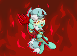 Size: 4561x3319 | Tagged: safe, artist:background basset, imported from derpibooru, lyra heartstrings, demon, demon pony, abstract background, clothes, devil horns, fire, glowing, glowing eyes, horns, l.u.l.s., pitchfork, solo, tongue out