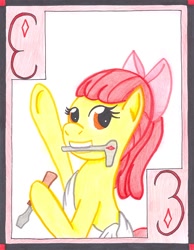 Size: 852x1097 | Tagged: safe, artist:the1king, imported from derpibooru, apple bloom, earth pony, pony, female, filly, foal, screwdriver, solo, three of diamonds, tool