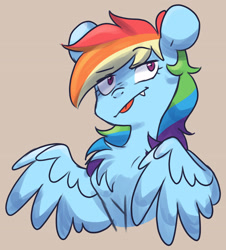 Size: 3235x3573 | Tagged: safe, artist:chub-wub, imported from derpibooru, rainbow dash, pegasus, pony, :p, chest fluff, cute, cute little fangs, dashabetes, fangs, female, high res, mare, solo, tan background, tongue out