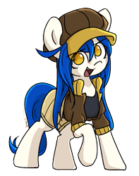 Size: 677x857 | Tagged: safe, artist:spheedc, imported from derpibooru, oc, oc only, oc:light chaser, earth pony, pony, derpibooru community collaboration, 2022 community collab, blue hair, clothes, digital art, female, hat, mare, simple background, solo, transparent background