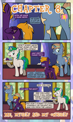 Size: 1920x3169 | Tagged: safe, artist:alexdti, imported from derpibooru, oc, oc only, oc:brainstorm (alexdti), oc:purple creativity, oc:star logic, pegasus, pony, unicorn, comic:quest for friendship, :q, ^^, caption, comic, cupcake, dialogue, eyes closed, female, folded wings, food, glasses, green eyes, grin, hoof hold, horn, looking at someone, looking back, male, mare, nose wrinkle, open mouth, open smile, pegasus oc, shadow, smiling, speech bubble, stallion, tail, text, tongue out, trio, twilight's castle, two toned mane, two toned tail, unicorn oc, walking, wings