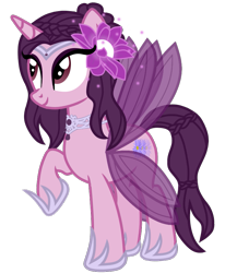 Size: 711x862 | Tagged: safe, imported from derpibooru, oc, oc only, oc:princess kyoko, original species, pony, derpibooru community collaboration, 2022 community collab, braid, eyelashes, eyeshadow, female, flower, flower in hair, full body, headdress, hoof shoes, horn, jewelry, looking away, makeup, mare, necklace, purple eyes, purple hair, raised hoof, regalia, royalty, show accurate, simple background, solo, standing, transparent background, wings