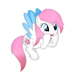 Size: 2440x2536 | Tagged: safe, artist:rezatim, imported from derpibooru, oc, oc only, oc:snowy blossom, pegasus, pony, derpibooru community collaboration, 2022 community collab, blue eyes, bow, colored wings, female, flying, full body, hair bow, high res, hooves on cheeks, mare, pink mane, pink tail, show accurate, simple background, solo, spread wings, tail, transparent background, wings