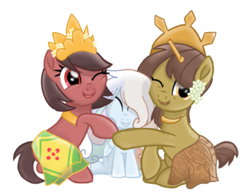 Size: 735x575 | Tagged: safe, artist:be_yourself, imported from derpibooru, oc, oc:altersmay earth, oc:nuning, oc:salasika, earth pony, pegasus, pony, derpibooru community collaboration, 2022 community collab, blinking, crown, cute, earthbetes, female, filly, flower, flower in hair, foal, hug, indonesia, jewelry, looking at you, mare, nusaponycon, ocbetes, open mouth, planet ponies, regalia, simple background, sitting, smiling, transparent background, trio, trio female