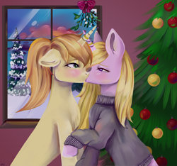 Size: 3200x3001 | Tagged: safe, artist:ske, imported from derpibooru, oc, oc only, pony, unicorn, christmas, christmas tree, duo, fir tree, high res, holiday, kissing, mistletoe, oc x oc, shipping, snow, tree, window, winter