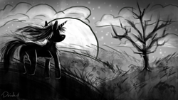 Size: 1920x1080 | Tagged: safe, artist:deidad dissitum, imported from derpibooru, pony, unicorn, cloud, dead tree, grass, grayscale, monochrome, moon, plants, sky, solo, tree