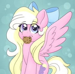 Size: 1200x1185 | Tagged: safe, artist:msaniiart, imported from derpibooru, oc, oc only, oc:bay breeze, pegasus, pony, bowtie, cookie, cute, food, heart eyes, hnnng, simple background, solo, spread wings, wingding eyes, wings