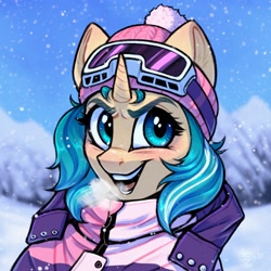 Size: 3000x3000 | Tagged: safe, artist:amishy, imported from derpibooru, oc, oc only, oc:depth chaser, pony, unicorn, bust, clothes, cold, female, goggles, hat, high res, jacket, mare, open mouth, open smile, portrait, smiling, snow, snowfall, solo, winter, winter hat, winter outfit