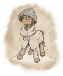 Size: 1280x1535 | Tagged: safe, artist:bob-finnski, imported from derpibooru, oc, oc only, oc:leafhelm, pony, brown mane, dark age, green eyes, medieval, paper texture, simple background, snow, snowfall, solo, transparent background, vintage