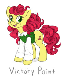 Size: 1000x1200 | Tagged: safe, artist:dstears, imported from derpibooru, oc, oc only, oc:victory point, earth pony, pony, clothes, earth pony oc, female, freckles, full body, glasses, green eyes, mare, open mouth, open smile, red mane, red tail, simple background, smiling, solo, standing, tail, three quarter view, white background
