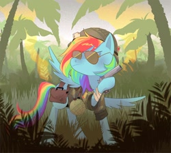 Size: 1500x1343 | Tagged: safe, artist:stevetwisp, imported from derpibooru, rainbow dash, pegasus, pony, gun, handgun, jungle, pistol, solo, sunglasses