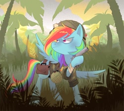 Size: 1500x1342 | Tagged: safe, artist:stevetwisp, imported from derpibooru, rainbow dash, pegasus, pony, gun, handgun, jungle, pistol, solo