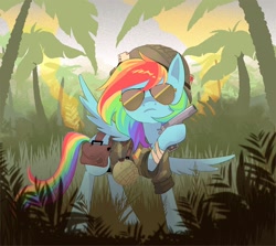 Size: 1500x1338 | Tagged: safe, artist:stevetwisp, imported from derpibooru, rainbow dash, pegasus, pony, ace of spades, aviator sunglasses, badass, bag, camouflage, canteen, clothes, frown, gun, handgun, helmet, hoof hold, jacket, jungle, m1911, pistol, playing card, rolled up sleeves, solo, sunglasses