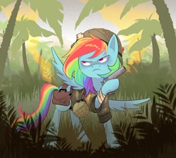 Size: 1500x1343 | Tagged: safe, artist:stevetwisp, imported from derpibooru, rainbow dash, pegasus, pony, ace of spades, camouflage, canteen, frown, gun, handgun, helmet, jungle, m1911, palm tree, pistol, playing card, rolled up sleeves, solo, tree