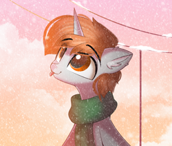 Size: 2060x1748 | Tagged: source needed, safe, artist:janelearts, imported from derpibooru, oc, oc only, oc:darkmind, pony, unicorn, blind, clothes, horn, male, scarf, simple background, snow, snowfall, solo, stallion, tongue out