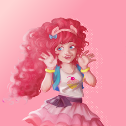 Size: 800x800 | Tagged: safe, artist:artificialrabbit, imported from derpibooru, pinkie pie, human, equestria girls, humanized, looking back, simple background, smiling, solo