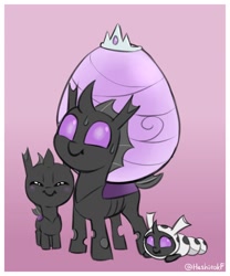 Size: 1058x1270 | Tagged: safe, artist:heretichesh, imported from derpibooru, oc, oc only, changeling, changeling larva, changeling egg, changeling oc, cute, cuteling, egg, eyes closed, gradient background, grub, jewelry, purple changeling, smiling, sweat, tiara