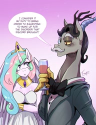 Size: 1000x1300 | Tagged: safe, artist:traupa, idw, imported from derpibooru, accord, princess celestia, alicorn, anthro, draconequus, accord (arc), breasts, clothes, duo, facial hair, glass, moustache, speech bubble, wine glass