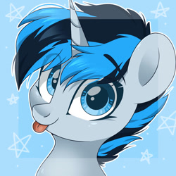 Size: 894x894 | Tagged: safe, artist:cinnamontee, imported from derpibooru, oc, oc only, oc:solar gizmo, pony, unicorn, :p, blue eyes, bust, eye clipping through hair, eyebrows, eyebrows visible through hair, horn, looking at you, male, portrait, simple background, smiling, smiling at you, solo, stallion, tongue out, two toned mane, unicorn oc