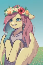 Size: 1378x2039 | Tagged: safe, artist:ikirunosindo, imported from derpibooru, fluttershy, pegasus, pony, clothes, crying, female, floppy ears, floral head wreath, flower, grass, looking at you, mare, outdoors, partially open wings, sky, smiling, solo, teary eyes, three quarter view, wings