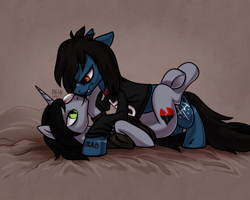 Size: 2587x2067 | Tagged: safe, artist:relisreal, imported from derpibooru, earth pony, pony, undead, unicorn, zombie, zombie pony, bone, bring me the horizon, clothes, commission, disguise, disguised siren, duo, duo male, eye contact, fangs, gay, high res, horn, index get, kellin quinn, long sleeves, looking at each other, looking at someone, lying down, male, maledom, malesub, oliver sykes, on back, ponified, scar, shipping, shirt, sleeping with sirens, stallion, stallion on stallion, stitches, submissive, t-shirt, tattoo, ych result