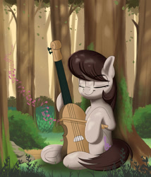 Size: 1280x1498 | Tagged: safe, artist:joaothejohn, imported from derpibooru, octavia melody, earth pony, pony, cute, eyes closed, female, forest, mare, music, music notes, musical instrument, plants, sitting, solo, tavibetes, tree