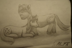 Size: 1024x680 | Tagged: safe, artist:alfa007, imported from derpibooru, moonlight raven, oc, oc:alfa, unicorn, shipping, traditional art