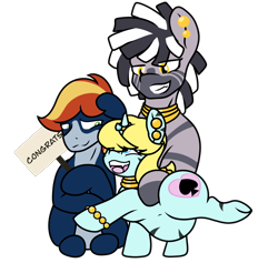 Size: 2164x2048 | Tagged: safe, artist:lefthighkick, imported from derpibooru, oc, oc only, oc:ezekiel, oc:lefthighkick, oc:lyrical touch, earth pony, pony, unicorn, zebra, derpibooru community collaboration, 2022 community collab, body markings, bodypaint, cuckolding, ear piercing, earring, earth pony oc, fangs, female, high res, horn, jewelry, looking at each other, looking at someone, magic suppression, mare, neck rings, open mouth, open smile, piercing, pregnant, queen of spades, raised hoof, ring, sign, simple background, sitting, smiling, striped, stripes, text, transparent background, unicorn oc, zebra oc, zebra stripes, zebradom