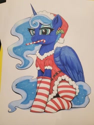 Size: 768x1024 | Tagged: safe, artist:confetticakez, imported from derpibooru, princess luna, alicorn, pony, candy, candy cane, christmas, clothes, costume, food, hat, holiday, mouth hold, santa costume, santa hat, simple background, socks, solo, striped socks, traditional art